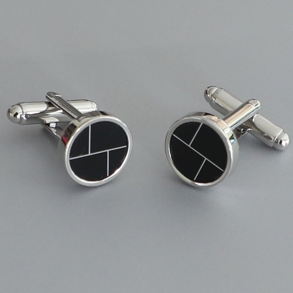 Geometric Design Genuine Onyx Round Men Cuff Links Best Birthday Father's Day Gift Wedding Gift For Him