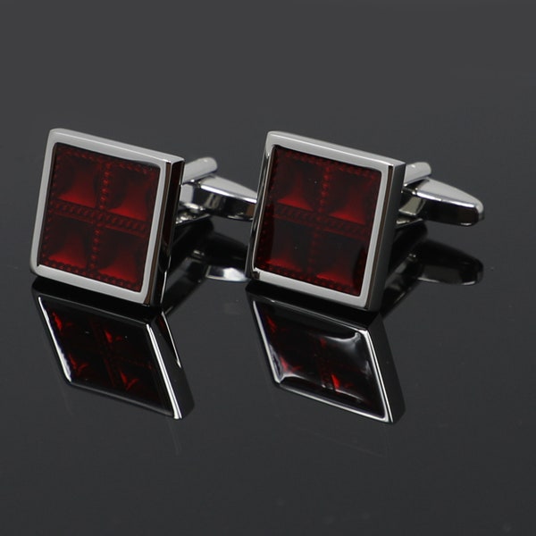 Dark Red Burgundy Translucent Epoxy Square Checks Cufflinks Men Wedding Shirt Cufflinks Gift