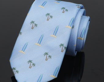Palm Tree Surfboard Necktie 3" Wide Beach Theme Blue Tie