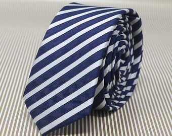 Youth Kids Silk Necktie 2" Skinny White And Navy Stripe Silk Tie Groomsman Wedding Accessory Tie Gift