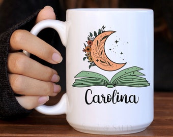 Gift for Book Lover, Floral Reading Coffee Mug, Bookish Mug, Moon and Book Mug, Gift for bookaholic, Personalized Reading Mug, Moon Mug