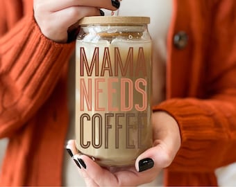 Mama Needs Coffee, Gift for Mom, Glass Cup for Mom Birthday, Iced Coffee Glass Can, Soda Can Glass with lid and straw, Christmas Tumbler