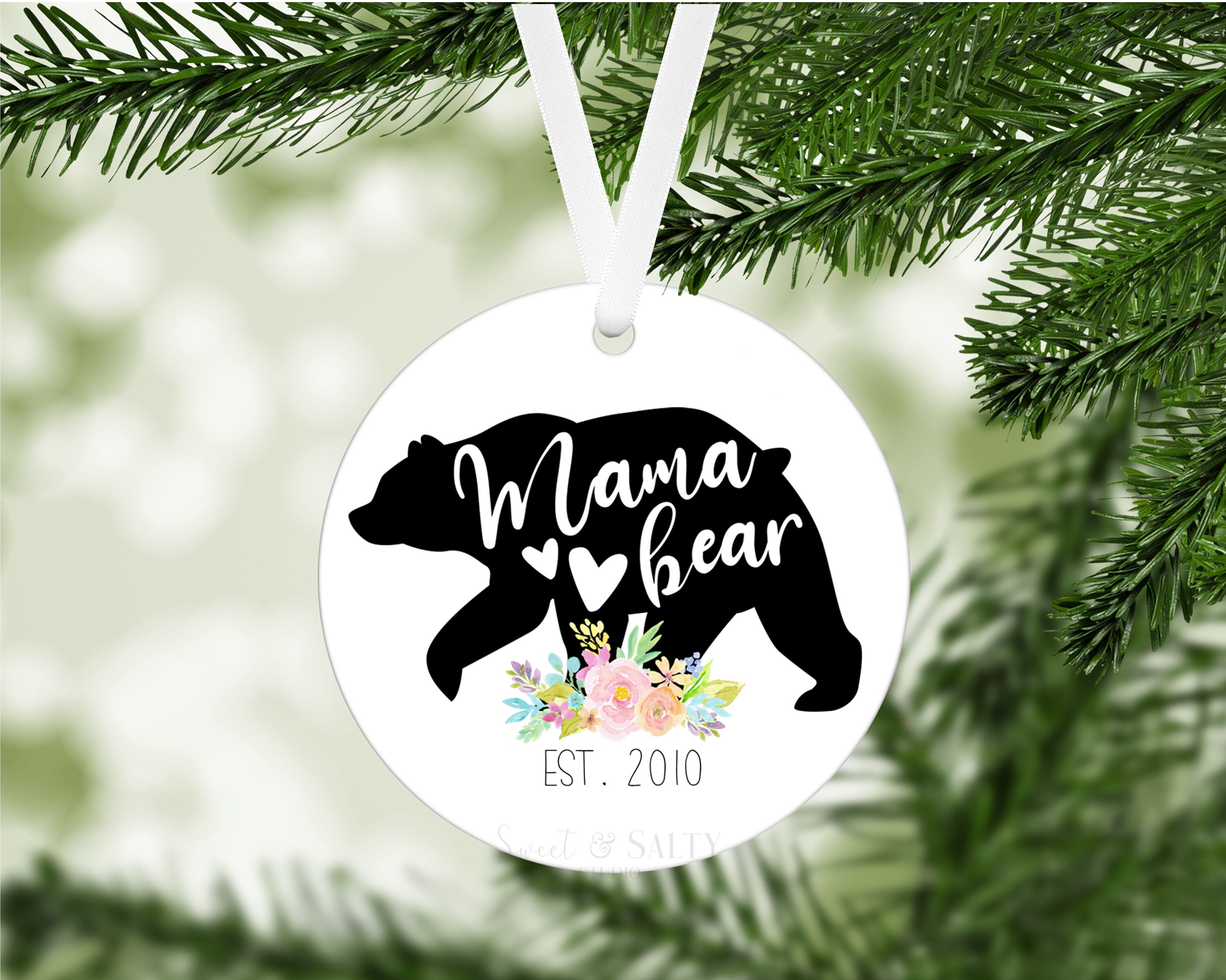 Personalized Mama Bear Ornament, Floral Mama Bear Ornament, Gift