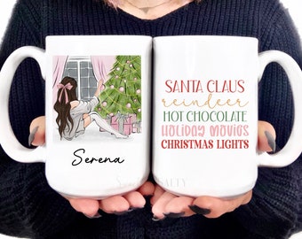 Christmas Coffee Mug, Hot Chocolate Christmas Mug, Holiday Movies Coffee Mug, Cute Christmas Mugs for Her, Christmas Girl, Holiday Cup