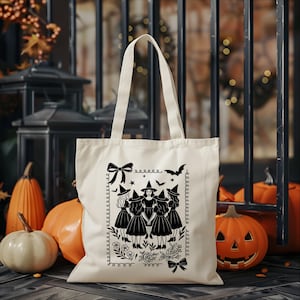 Halloween Witches Tote Bag | Trick or Treat Bag | Witchy Canvas Bag | Reusable Halloween Candy Bag | Spooky Gothic Tote