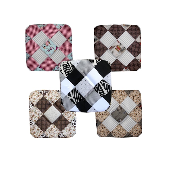 Lot 6 galettes, coussins, dessus, assises de chaise Patchwork avec rabats 38x38cm Coloris aux choix