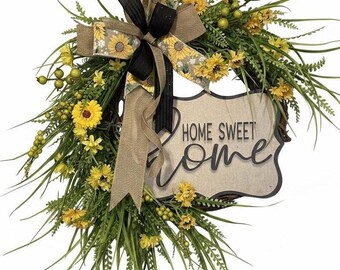 Corona de flores amarillas estilo granja con lazo de arpillera / Decoración rústica para el hogar