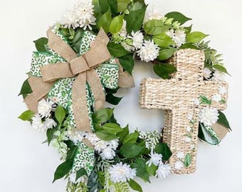 Corona de cruz cristiana, decoración de puerta de Pascua de arpillera, corona religiosa de primavera estilo granja.