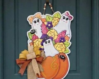 Colgante de puerta con forma de calabaza fantasma caprichosa / Decoración de otoño de Halloween con lazo