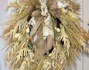 Rustic Fall Pumpkin Wreath | Rustic Farmhouse Harvest Decor | Autumn Door Decoration | Burlap Bow Wheat Wreath | Front Door Decor
