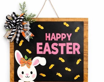Letrero de puerta de conejo de Pascua rosa, estilo rústico, color negro, 66 cm