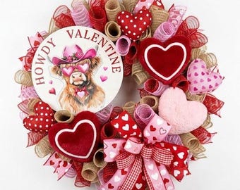 Corona de San Valentín con diseño de vaca de las Tierras Altas, decoración para puerta de granja en rosa y rojo, ¡Hola, vaca!