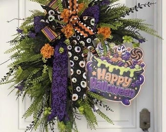 Corona de caldero maximalista de Halloween / Decoración de puerta con cinta de tela, adorno de pared otoñal