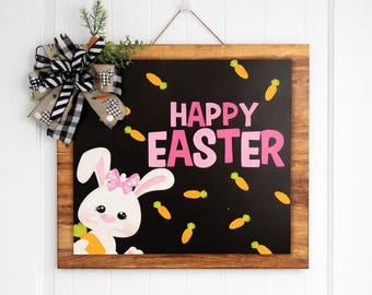 Corona grande de conejo de Pascua: decoración rústica para puerta de 66 cm, ideal para porches de primavera