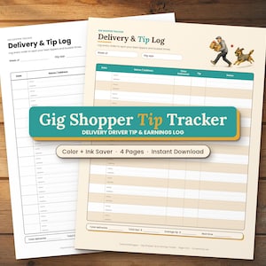 Könnte beinhalten: Ein druckbares Delivery & Tip Log-Tracking-Blatt mit einer Tabelle, die Spalten für Datum, Name, Adresse, Lieferzeit, Trinkgeld und Notizen enthält. Die Kopfzeile zeigt den Text Gig Shopper Tip Tracker und Delivery Driver Tip & Earnings Log.