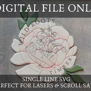 Arquivo de laser de flor de linha única - Modelo de serra de rolagem - Arquivo de laser floral para Glowforge - Sinal de berçário floral de linha única SVG - Peônia SVG