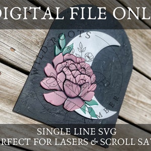 Floral Moon Laser File - Glowforge Moon SVG - Moon and Flower Single Line SVG - Scroll Saw Sign Template - Halloween Laser File
