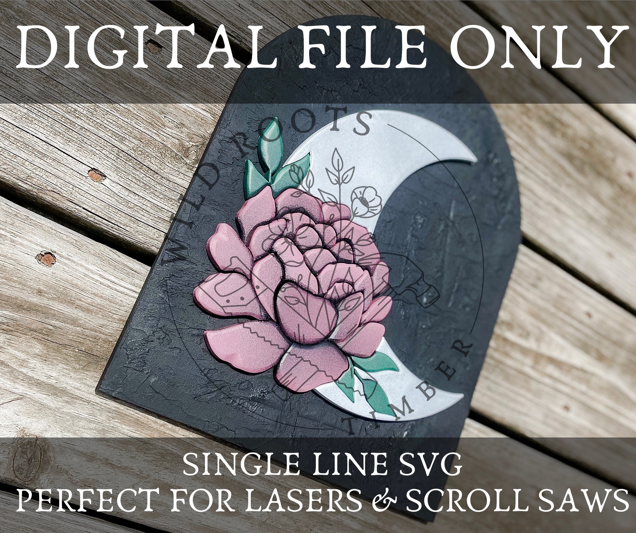Floral Moon Laser File - Glowforge Moon SVG - Moon and Flower Single Line SVG - Scroll Saw Sign Template - Halloween Laser File