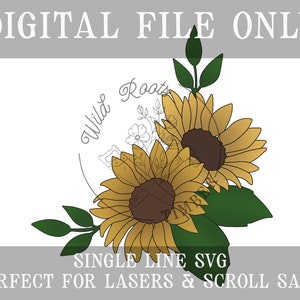 Tournesol Single Line Laser SVG - Corner Frame Floral File - Nursery Sign Scroll Saw Template - Glowforge Flower SVG