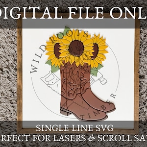 Sunflower Boots Single Line Laser SVG - Glowforge Laser File - Sunflower Cowboy Cowgirl Boots Scroll Saw Template - Laser Sign SVG