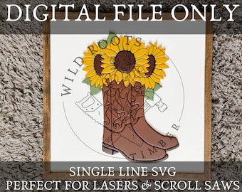 Sunflower Boots Single Line Laser SVG - Glowforge Laser File - Sunflower Cowboy Cowgirl Boots Scroll Saw Template - Laser Sign SVG