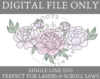 Floral Single Line Laser File - Floral Glowforge SVG - Peony Flower Nursery Round Sign Scroll Saw Template - Peonies SVG