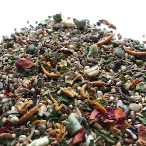 May include: A close-up of a variety of bird seed, including sunflower seeds, millet, and dried fruit. The seed mix is a blend of different colors and textures, including brown, white, black, and red.