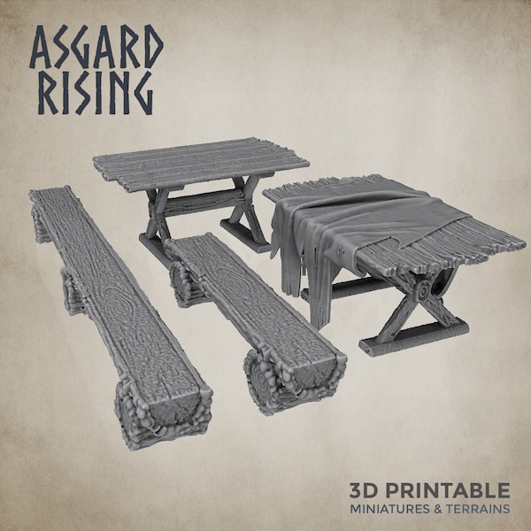 Bancs et tables vikings disponibles à 28 mm, 32 mm ou 35 mm, terrain idéal props pour DnD et Tabletop