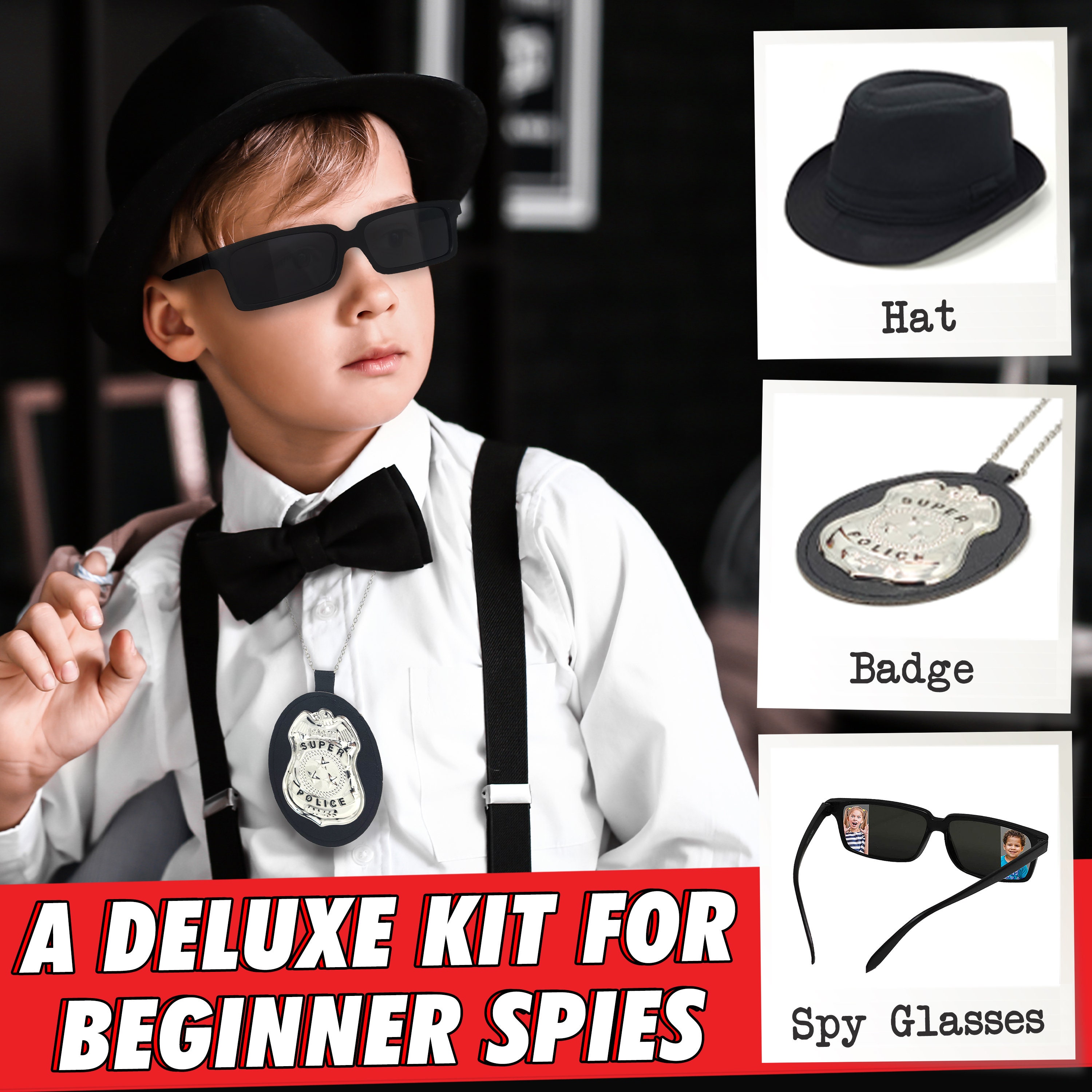Kit déguisement agent secret, espion, detective avec micro et oreillette
