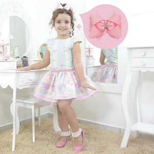 Girl&#39;s unicorns dress, hearts and shooting stars, children party + Hair Bow