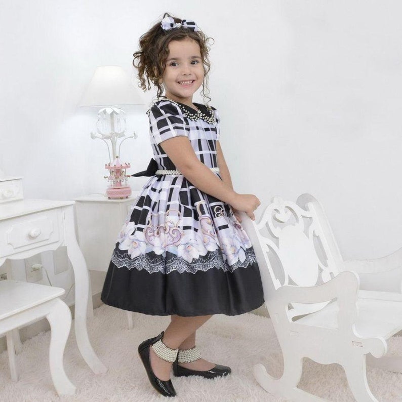 Girl/'s black floral dress with pearl embroidery formal party