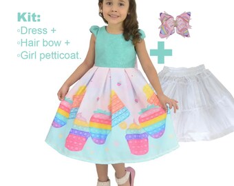 Pop It Fidget Toy Dress + Hair Bow + Girl Petticoat, Birthday Party