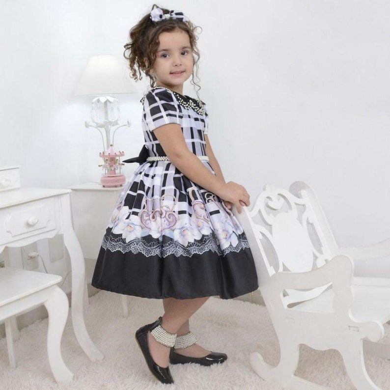 Girl/'s black floral dress with pearl embroidery formal party