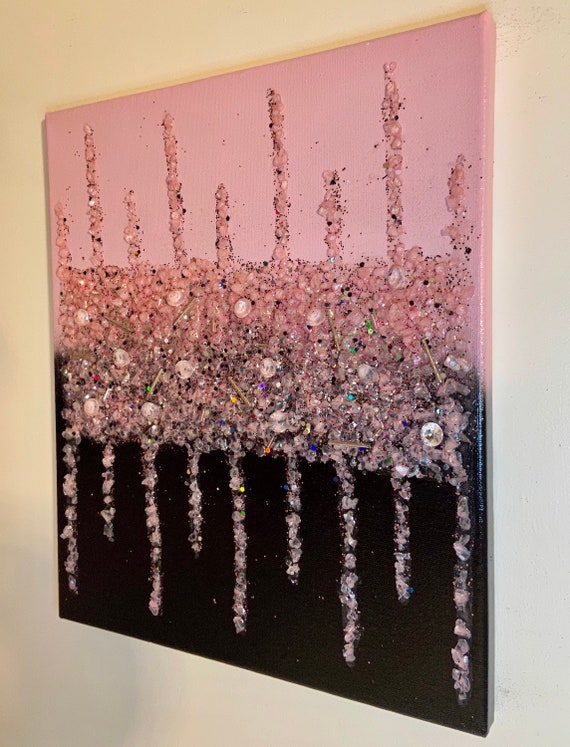 Candy Pink Black Sparkle Glitzy Crushed Glass Resin Picture Wall Art 