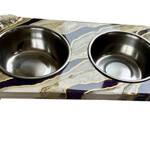 PET FEEDER Cat Dog Raised Purple/Gold Glitzy Resin Glitter Bowls & Stand
