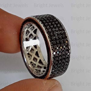 Black Moissanite Five Row Men&#39;s Band Ring - 14K White Gold Plated