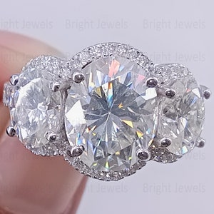Moissanite Diamond Ring, 4.50 CTW Oval Cut Moissanite Halo Ring, Three Stone Halo Engagement Ring, Art Deco Anniversary Ring, Women&#39;s Ring