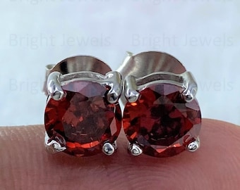 14K Gold Round Garnet Stud Earrings, Prong Set, Anniversary Gift