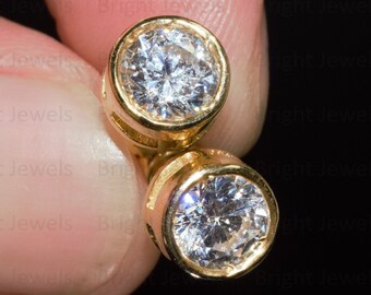 14K Yellow Gold Moissanite Stud Earrings: Bezel Set Solitaire