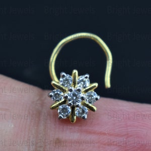 Moissanite Nose Pin, Round Cut Natural Diamond Wire Type Nose Pin, 14K Yellow Gold, Nose Pin Anniversary Gift/ Birthday Gift, Women&#39;s Gift