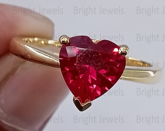 Heart Cut Red Ruby 14K Yellow Gold Solitaire Ring