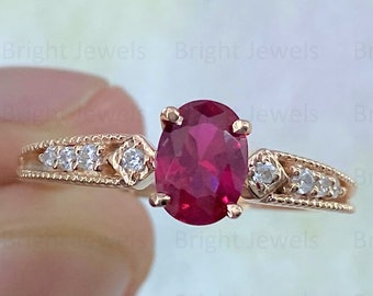 Oval Cut Red Ruby Engagement Ring, Solid 14K Rose Gold Ring, Moissanite Solitaire Wedding Ring, Gemstone Ring, Anniversary Gift For Women's