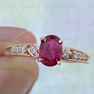 Oval Cut Red Ruby Engagement Ring, Solid 14K Rose Gold Ring, Moissanite Solitaire Wedding Ring, Gemstone Ring, Anniversary Gift For Women&#39;s