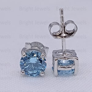 6mm 1.68 TCW Round Cut Aquamarine Earrings, Wedding Earrings, Round Stud Bridal Earrings, 14K White Gold Plated Push Back Stud Earrings