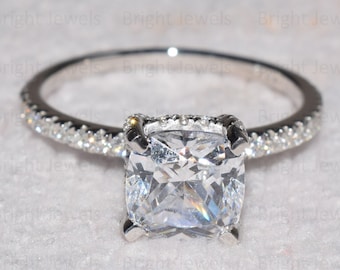 3CT Cushion Cut Moissanite Engagement Ring, 14K White Gold Hidden Halo Ring