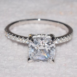 3CT Cushion Cut Moissanite Engagement Ring, 14K White Gold Hidden Halo Ring