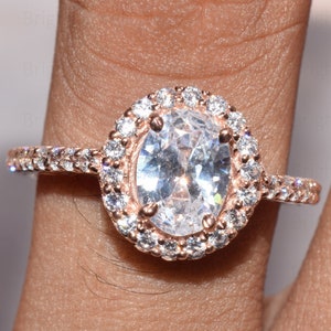 Oval Cut Moissanite Wedding Halo Ring, 14K Rose Gold Plated, Moissanite Wedding Ring, Moissanite Anniversary Ring, Gift For Mom,Vintage Ring