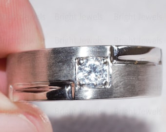 Moissanite Men's Band Ring: 14K White Gold Plated Wedding Anniversary Band