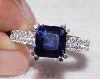 8mm Asscher Cut Blue Sapphire Engagement Ring, 14K White Gold Plated, Statement Ring, Gemstone Ring, Anniversary Gift Ring, Solitaire Ring