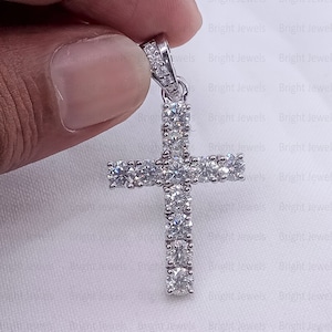4mm Round Cut 2.75 CTW VVS1 Moissanite Cross Pendant, Diamond Cross Pendant, Wedding Pendant,18 inch Chain, Anniversary Pendant For Women